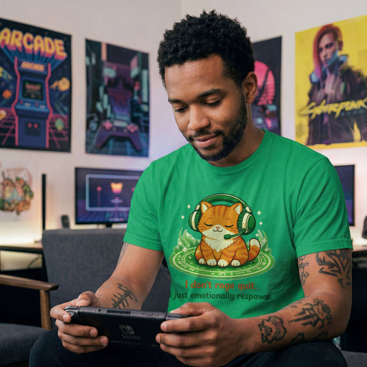 Translation missing: en.Irish green cotton tee laid-back orange cat with headphones graphic text, "I don't rage quit I just emotionally respawn