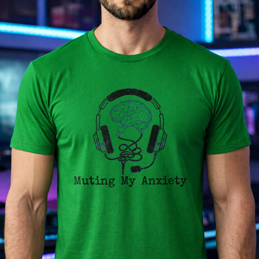 Translation missing: en.Irish green tee with graphic: headphones connected to a brain and text, "Muting my anxiety"