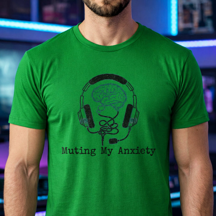 Translation missing: en.Irish green tee with graphic: headphones connected to a brain and text, "Muting my anxiety"