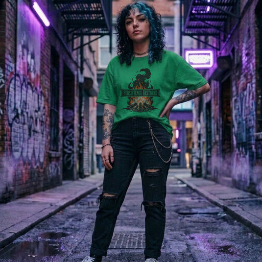 Translation missing: en.Irish green unisex cotton tee. Bonfire graphic with text, PERSISTANCE RESTORED  