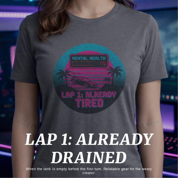 Translation missing: en.Image with overlay text Heading "LAP1: ALREADY DRAINED" Sub Text " When tank is empty before the first turn. Relatable gear for the weary creator