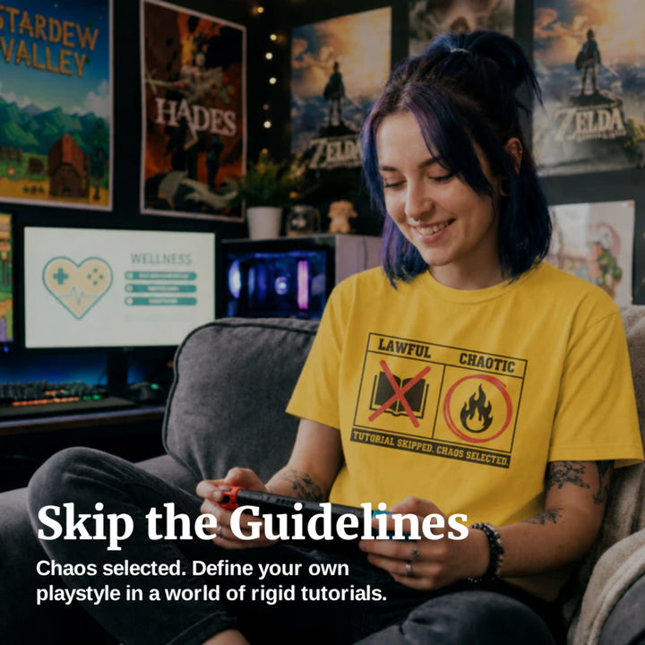 Translation missing: en.Image with overlay headline Text "Skip the Guidelines" caption "chaos selected, Define your own playstyle in a world of rigid tutorials."