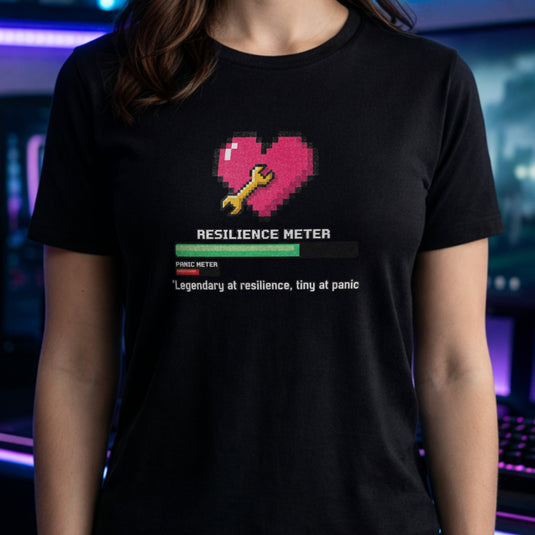 Translation missing: en.Black gamer tee graphic with pixel heart, wrench, loading bar, and text Legendary at resilience, tiny at panic