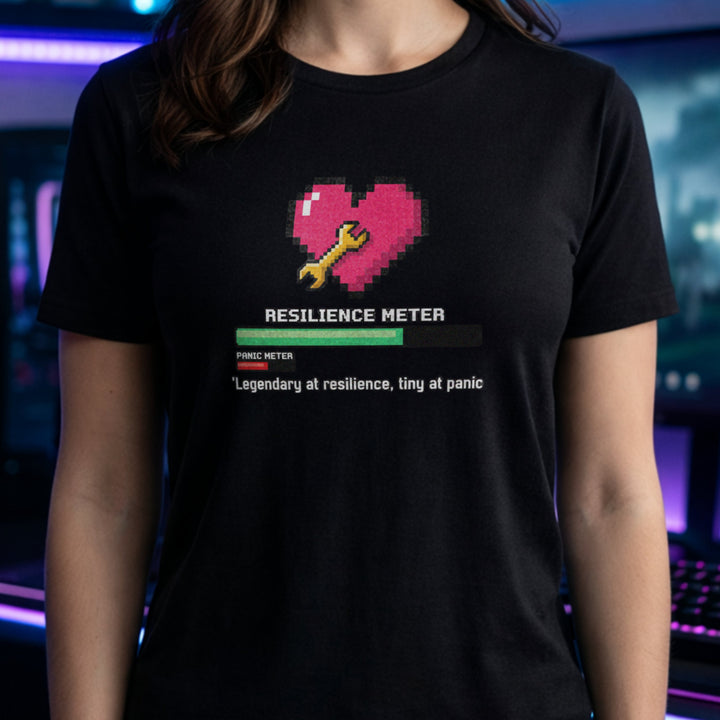 Translation missing: en.Black gamer tee graphic with pixel heart, wrench, loading bar, and text Legendary at resilience, tiny at panic