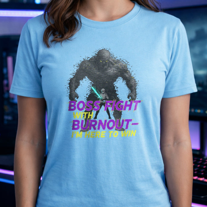 Translation missing: en.Light blue t-shirt with a glowing warrior facing a giant monster and purple text reading Boss Fight With Burnout