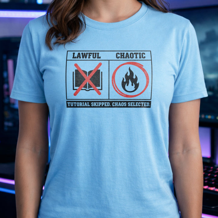 Translation missing: en.Light blue t-shirt with a Lawful vs Chaotic grid graphic reading Tutorial Skipped. Chaos Selected with fire icon
