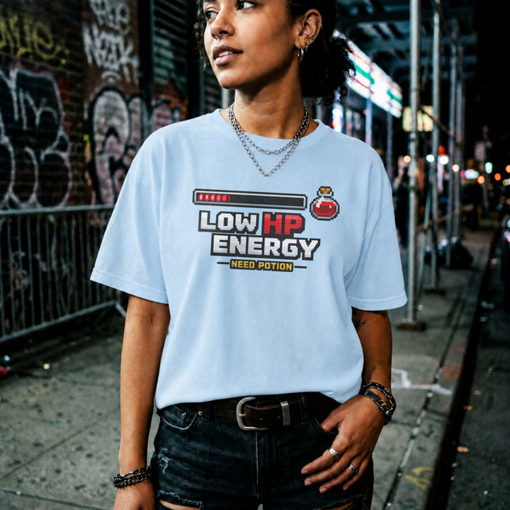 Translation missing: en.Light blue cotton tee health bar and potion graphic with text, LOW HP ENERGY NEED POTION 