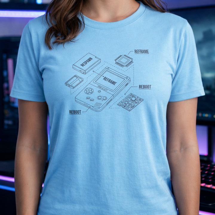 Translation missing: en.Light blue t-shirt with a blue retro handheld console blueprint graphic labeled Respawn, Reframe, and Reboot