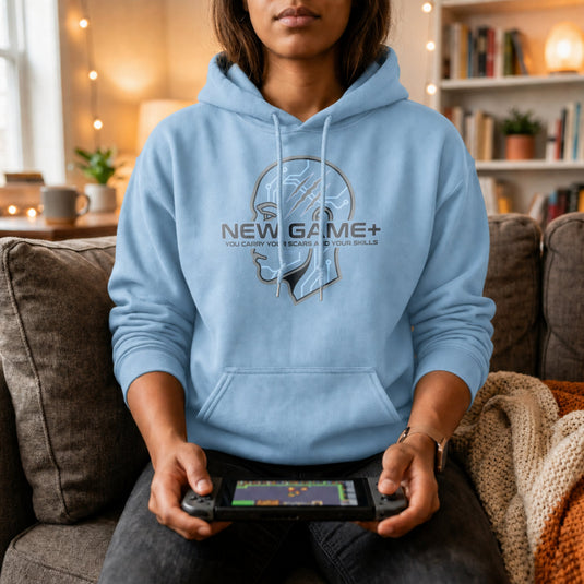 Translation missing: en.Light Blue Pullover Hoodie Cybernetic Sci-Fi Gamer Graphic With Text, New Game Plus 
