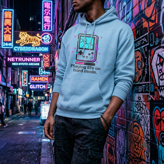 Translation missing: en.Light Blue Pullover Hoodie Retro Glitch Handheld Gamer Graphic With Text, Playing Life on Hard Mode
