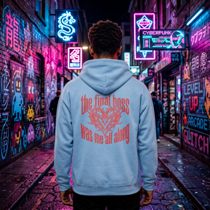 Translation missing: en.Light blue back print pullover hoodie with  Tribal Heart Gamer graphic and text, The Final Boss Was Me 