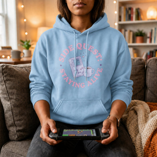 Translation missing: en.Light Blue Pullover Hoodie Kawaii Retro Handheld Gamer Graphic reading, Side Quest: Staying Alive 