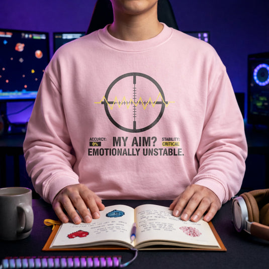 Translation missing: en.Light Pink Crewneck Sweatshirt Sight Glass Target And ECG Line Graphic Text, My Aim Emotionally Unstable