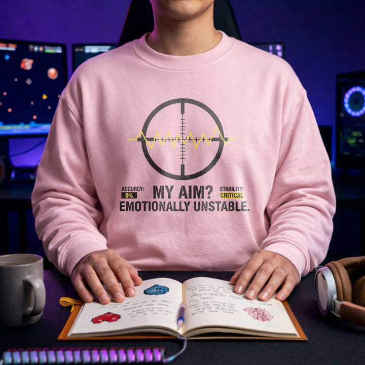 Translation missing: en.Light Pink Crewneck Sweatshirt Sight Glass Target And ECG Line Graphic Text, My Aim Emotionally Unstable