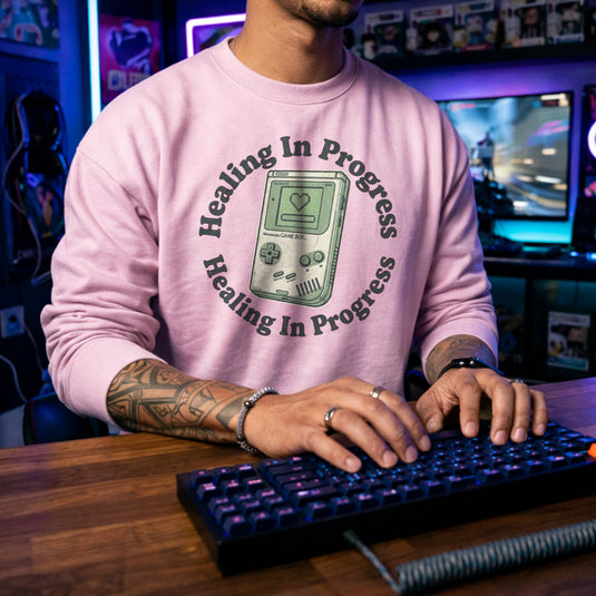 Translation missing: en.Light Pink Crewneck Sweatshirt With Retro Handheld Graphic and Mental Health Quote, Healing In Progress