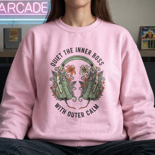 Translation missing: en. Light pink sweatshirt with a Floral Zen graphic design and text "Quiet The Inner Boss With Outer Calm" 