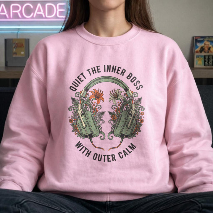 Translation missing: en. Light pink sweatshirt with a Floral Zen graphic design and text "Quiet The Inner Boss With Outer Calm" 