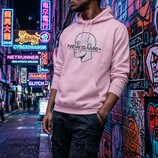 Translation missing: en.Light Pink Pullover Hoodie Cybernetic Sci-Fi Gamer Graphic With Text, New Game Plus 