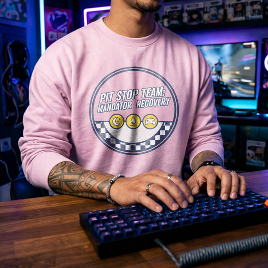 Translation missing: en.Light Pink Crewneck Sweatshirt Racing Gamer Dashboard Badge With Text, Pit Stop Team Mandator Recovery 