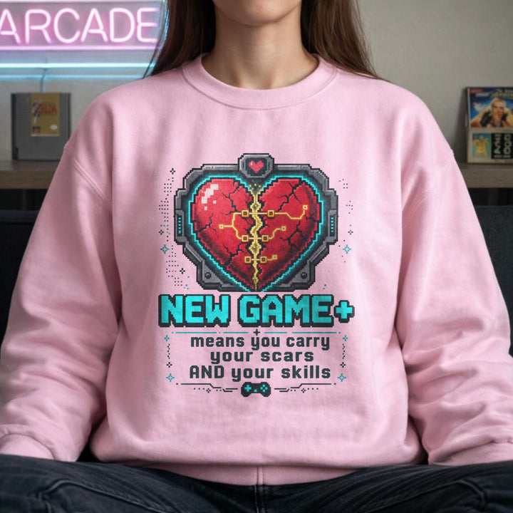 Translation missing: en.Light Pink Crewneck Sweatshirt Pixel Heart Graphic Text Reading, New Game Plus means you carry your scars