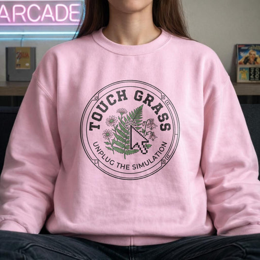 Translation missing: en.Light Pink Crewneck Sweatshirt Forest Green With Nature Badge Design Text Reading, Touch Grass Unplug The Simulation