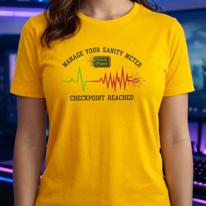 Translation missing: en.Daisy gaming t-shirt with a heartbeat line and text reading Manage Your Sanity Meter Checkpoint Reached Save Point