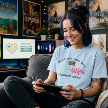 Translation missing: en.Light blue gaming t-shirt with a heartbeat line and text reading Manage Your Sanity Meter Checkpoint Reached Save Point