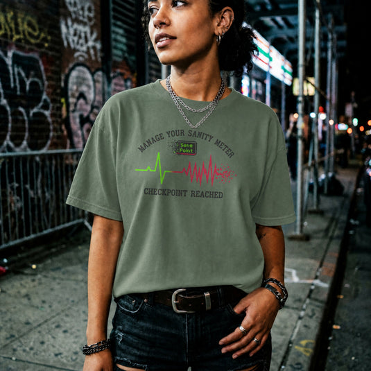 Translation missing: en.Military green gaming t-shirt with a heartbeat line and text reading Manage Your Sanity Meter Checkpoint Reached Save Point