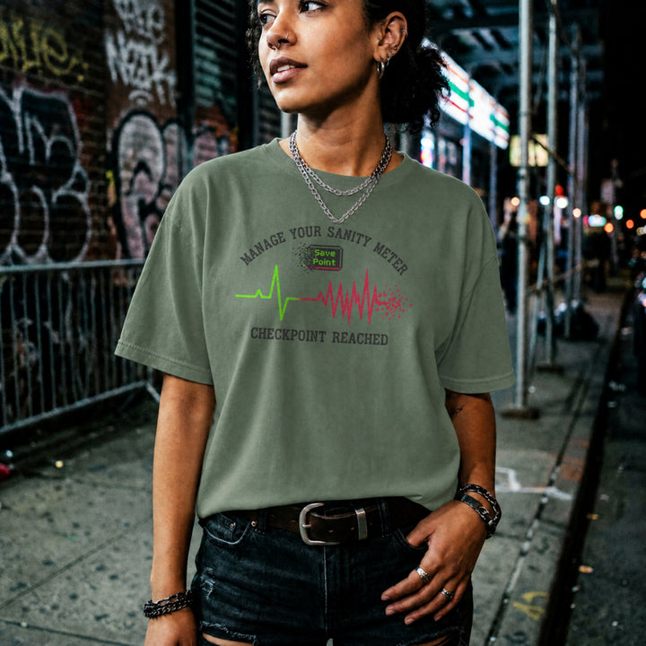 Translation missing: en.Military green gaming t-shirt with a heartbeat line and text reading Manage Your Sanity Meter Checkpoint Reached Save Point