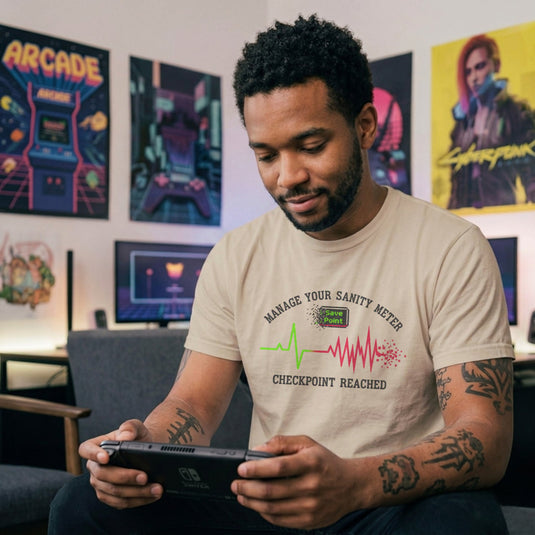 Translation missing: en.Sand gaming t-shirt with a heartbeat line and text reading Manage Your Sanity Meter Checkpoint Reached Save Point