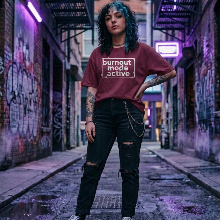 Translation missing: en.Maroon cotton t-shirt with 'burnout mode active' large text in a box