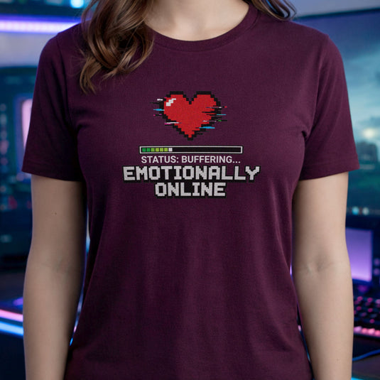 Translation missing: en.Maroon Emotionally Online Gamer Tee With Retro Pixel Art Glitching Heart And Loading Bar