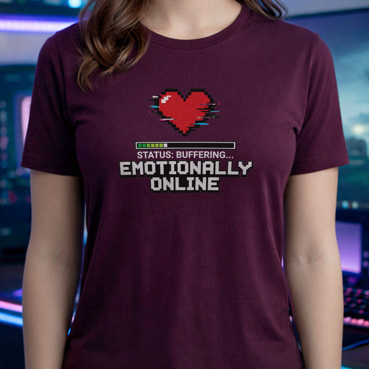 Translation missing: en.Maroon Emotionally Online Gamer Tee With Retro Pixel Art Glitching Heart And Loading Bar