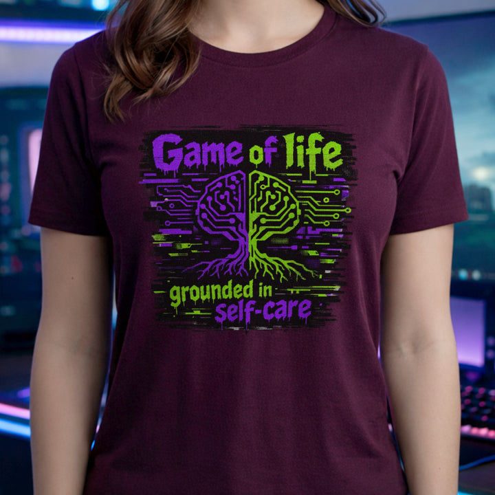 Translation missing: en.Maroon t-shirt with Game of life grounded in self-care neon graphic showing a circuit board brain tree design