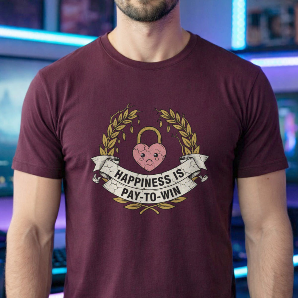 Translation missing: en.Alt n Vibe maroon t-shirt with a laurel wreath framing a locked pink heart and banner reading Happiness Is Pay-To-Win