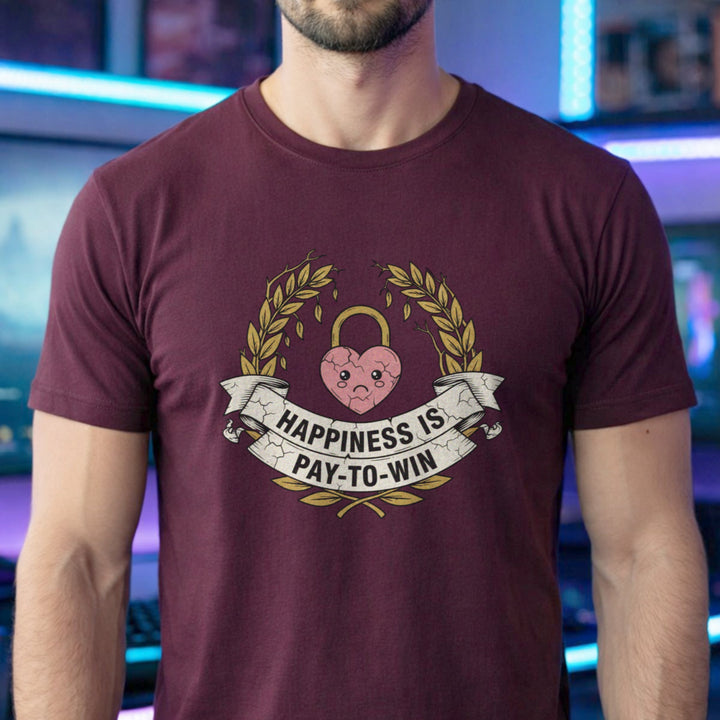 Translation missing: en.A maroon t-shirt with a laurel wreath framing a locked pink heart and banner reading Happiness Is Pay-To-Win