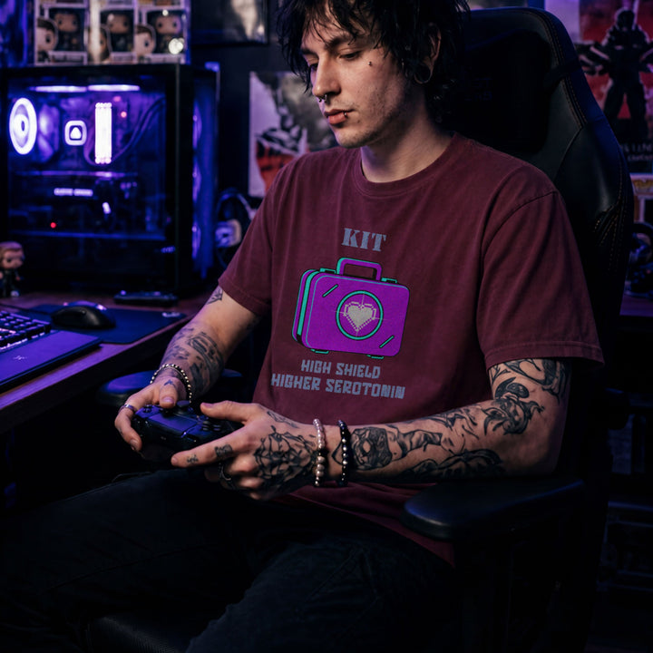 Translation missing: en.Maroon cotton tee with heart loot drop case graphic and text, HIGH SHIELD HIGHER SEROTONIN