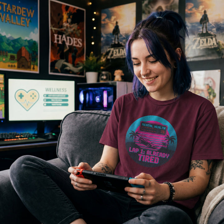 Translation missing: en.Maroon Cotton Tee With Neon Retro Synthwave Pixelated graphic Text, "Mental Health 1% Lap 1 Already Tired"