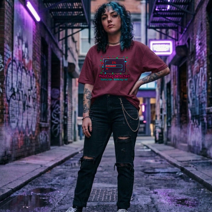 Translation missing: en.Maroon Cotton tee health bar box graphic text reading, "Mind lag detected" sub text Sanity Bar: blinking red 