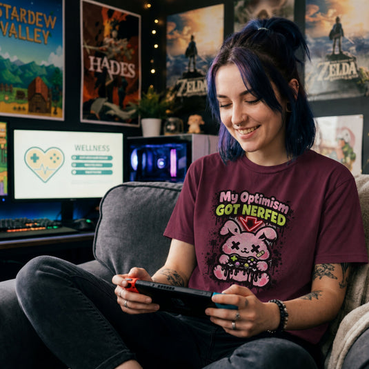 Translation missing: en. Maroon t-shirt with a pink cartoon character and text, My Optimism Got Nerfed in a gaming-themed design