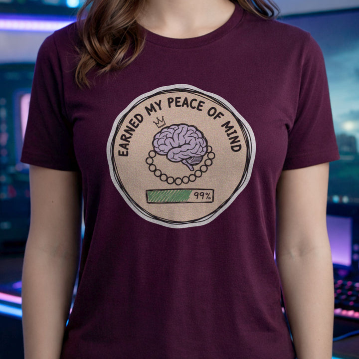 Translation missing: en.Maroon cotton tee with brain illustration coin graphic and text "EARNED MY PEACE OF MIND"