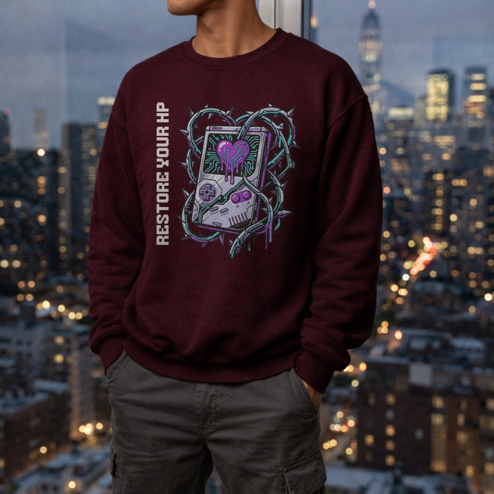 Translation missing: en.Maroon Crewneck Sweatshirt With Retro Handheld Heart Graphic Reading, Restore Your HP 