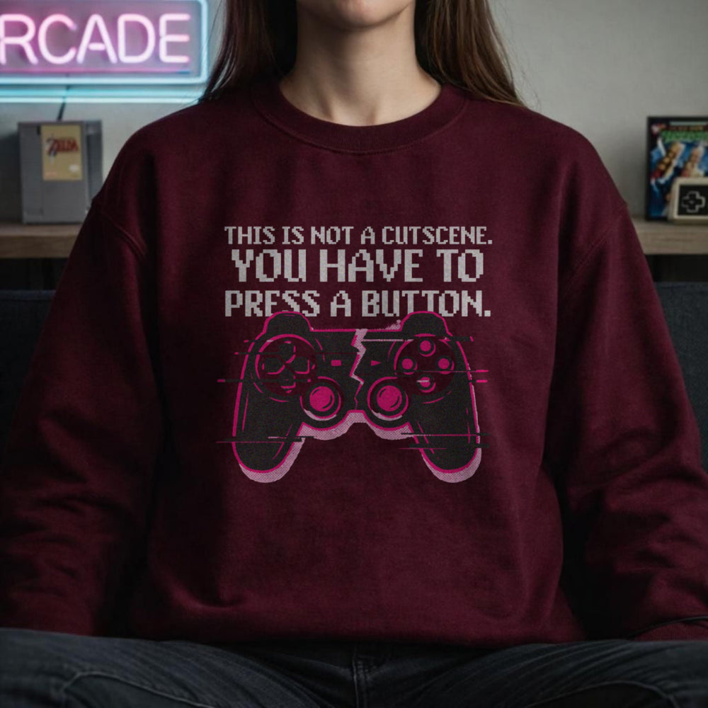 Translation missing: en.Alt n Vibe Maroon Crewneck Sweatshirt Gamepad Graphic Text Reading, This Is Not a Cutscene Gaming 