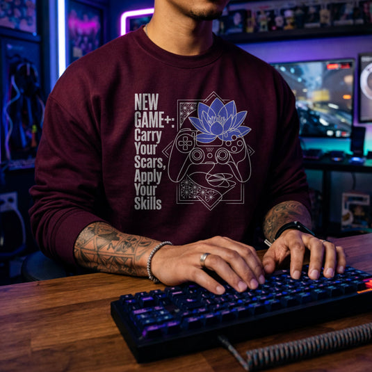 Translation missing: en.Maroon Crewneck Sweatshirt  Gamer Controller serene blue lotus Graphic With Text, New Game Plus