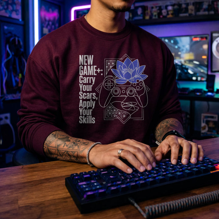 Translation missing: en.Maroon Crewneck Sweatshirt  Gamer Controller serene blue lotus Graphic With Text, New Game Plus