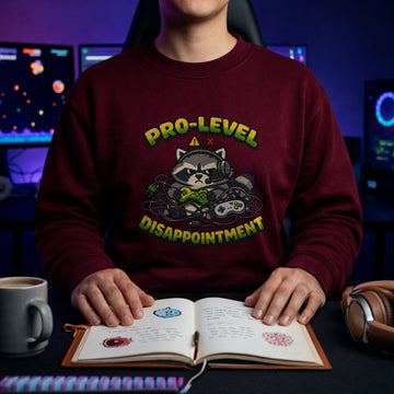 Translation missing: en.Maroon sweatshirt with Grumpy Raccoon graphic reading Pro-Level Disappointment