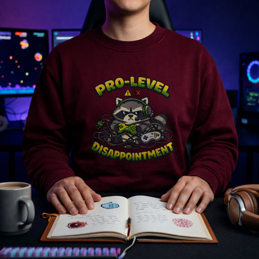 Translation missing: en.Maroon sweatshirt with Grumpy Raccoon graphic reading Pro-Level Disappointment