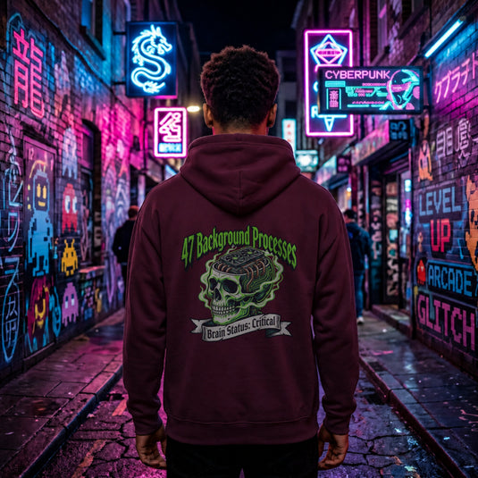 Translation missing: en. Maroon Back Print Pullover Hoodie Overheating Skull Text Reading 47 Background Processes 