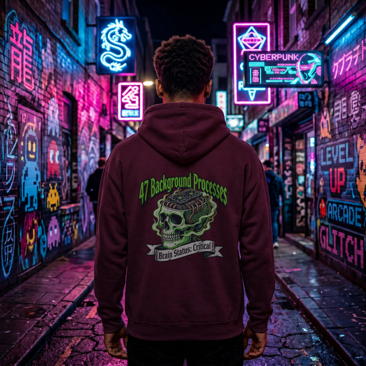 Translation missing: en. Maroon Back Print Pullover Hoodie Overheating Skull Text Reading 47 Background Processes 