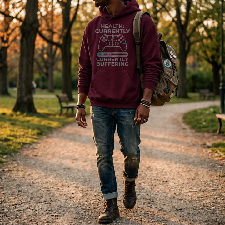 Translation missing: en.Maroon Glitch Controller Gamer Graphic Pullover Hoodie Text, Reading Health Currently Buffering